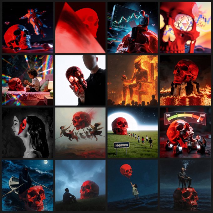 A 4x4 grid of dark, surreal AI-generated artworks featuring red skulls in various ominous settings, including fiery landscapes, dark skies, a heavenly gate, and figures contemplating mortality.