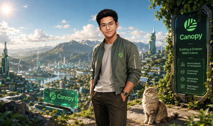 A young man with glasses stands on a cliff overlooking a futuristic green city with wind turbines and solar panels, with a 'Canopy - Building a Greener Web's Future' panel and a fluffy cat beside him.