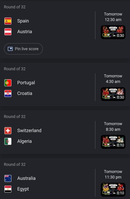 Sports scheduling interface showing Round of 32 matchups: Spain vs Austria, Portugal vs Croatia, Switzerland vs Algeria, and Australia vs Egypt, each with a 'Pin live score' option and Tomorrow times.