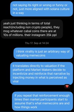 A chat conversation displays messages discussing valuation concepts of "virality" and "platform Market Makers," criticizing these notions as arbitrary ways to inflate memecoin valuations. The accompanying tweet expresses dislike for Pump Fun's spread notion of what a memecoin should be, directly relating to the chat's critique of artificial market dynamics.