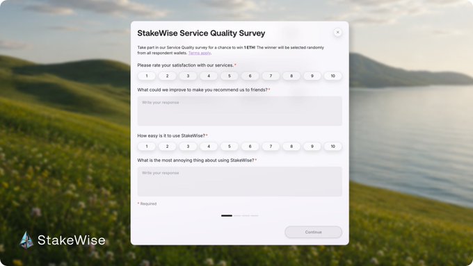 A 'StakeWise Service Quality Survey' form overlaid on a scenic background of green hills meeting water, asking users to rate satisfaction from 1-10.