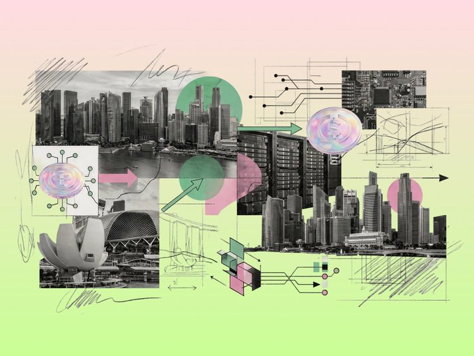 A digital collage art piece featuring grayscale photos of city skylines (including Singapore), iridescent bubbles, circuit-like diagrams, and pink and green geometric shapes on a pastel gradient background.