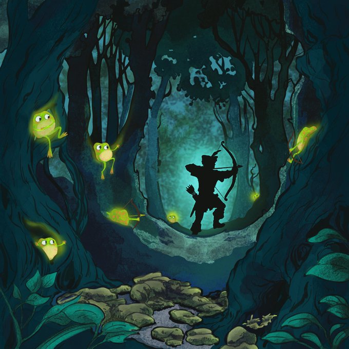 A silhouetted archer stands in a mystical, glowing forest surrounded by whimsical green frog-like creatures, with a path of coins leading toward the archer. The image illustrates the post's message about NFTs arriving on Robinhood (RH)—the archer represents the discerning collector poised to strike, while the glowing frogs and coin-laden path symbolize the valuable, authentic NFTs waiting to be discovered amid the "sea of slop."