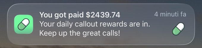 A mobile notification reads, “You got paid $2439.74. Your daily callout rewards are in. Keep up the great calls!” It appears to confirm the post’s claim that sharing trades earned the user $2,439, with viewers encouraged to follow, like, retweet, and submit a $SOL address.