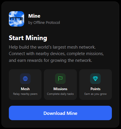 A promotional graphic for the "Mine" app by Offline Protocol invites users to "Start Mining" by helping build a mesh network through Bluetooth connectivity, highlighting features like "Mesh" relay, "Missions," and "Points," with a "Download Mine" call-to-action button. The image visually supports the post's claim that users can mine points via Bluetooth with no capital cost by emphasizing the app's zero-cost, peer-to-peer mesh networking concept.