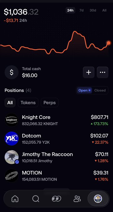 A cryptocurrency portfolio app screenshot showing a total balance of $1,036.32 (down $13.71 in 24h), with open positions including Knight Core ($807.71, +173.73%), Dotcom ($102.07), Jimothy The Raccoon ($70.11), and MOTION ($39.31).