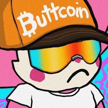 A cartoon character wearing an orange 'Buttcoin' cap and rainbow-tinted sunglasses against a pink background.