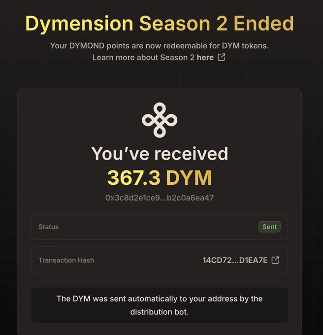 The image shows a "Dymension Season 2 Ended" notification announcing that the user has received 367.3 DYM tokens from their DYMOND points, with the transaction marked as "Sent" via the distribution bot. This visually confirms the airdrop claim process described in the post, showing the user's specific reward amount and completed transaction hash (14CD72...D1EA7E).