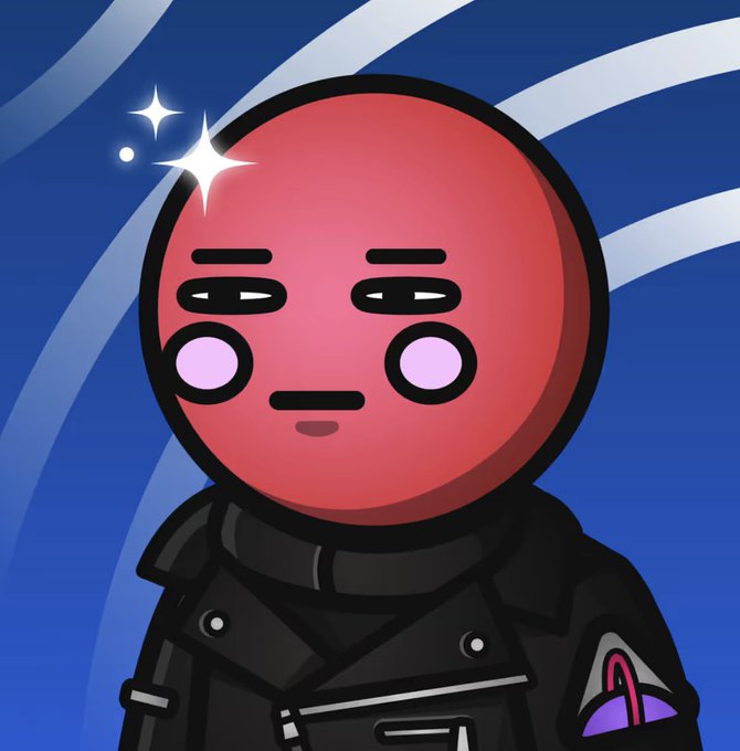 A cartoon-style illustration of a pink round-headed character with half-closed eyes, wearing a black jacket with a triangular patch, with sparkles near the head against a blue swirly background.