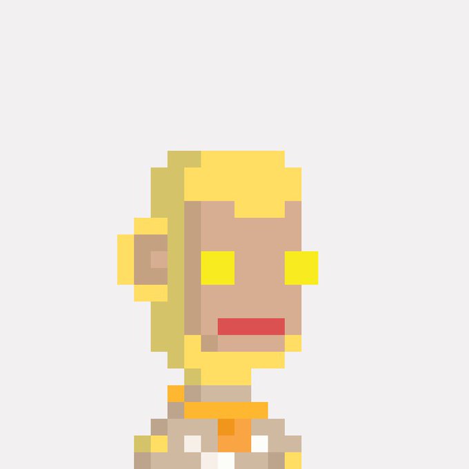A pixel art illustration depicts a blonde character with a red mouth against a plain gray background.