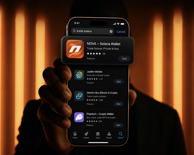 In this image, a person is holding up an iPhone displaying several apps including one named "Trade Solana" which appears to be the most popular app on the store's search results page. The person is positioned against a backdrop of a blurred room filled with orange neon lights that casts shadows and highlights across the scene. The phone screen also shows that the user has not paid for the app, as indicated by the red "Free" label at the bottom left corner of the image.