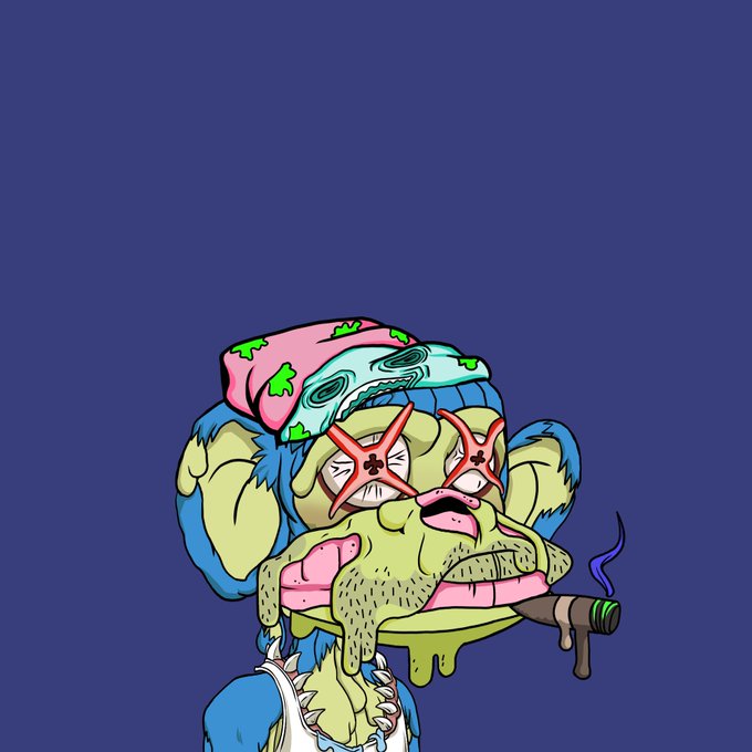 A surreal cartoon illustration on a dark blue background depicts a grotesque character with green tentacle-like facial hair, mismatched star-shaped glasses, a colorful brain-like hat, and a cigar in its mouth.