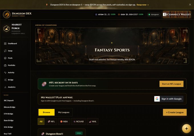 A screenshot of the Dungeon DEX Market Forge fantasy sports website showing ATOM ($1.21, 0.06%) and DGN ($1.08643357, 0.00%) prices, featuring a "FANTASY SPORTS" header with "NFL KICKOFF IN 14 DAYS" announcement and options to start a league or browse NFL, NBA, NCAAB, and NHL sports.