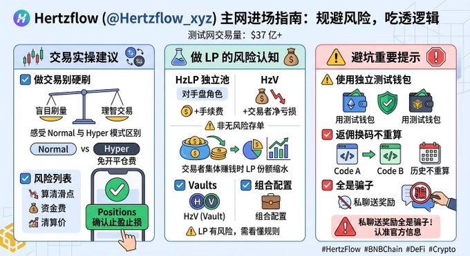 An infographic titled 'Hertzflow' in Chinese, offering a guide on entering the market with advice on trade execution, LP risk awareness, and scam warnings, tagged with #HertzFlow #BNBChain #DeFi #Crypto.