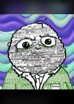 A digital illustration of a bald, wide-eyed character in a green suit, whose face is covered in tiny text, set against a wavy purple and blue psychedelic background.