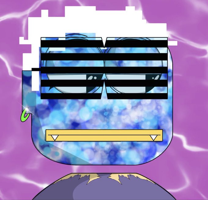 An animated/edited image featuring a stylized blue character with black censor bars over the eyes on a purple background, with a smaller figure visible below.