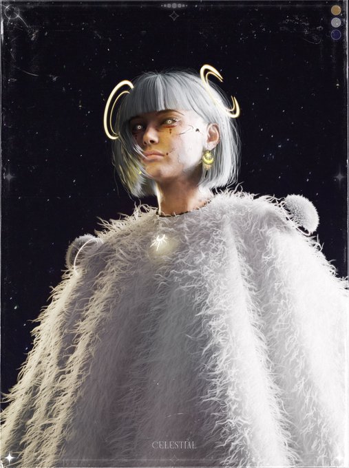 Digital artwork of a person with white hair, a glowing halo, face markings, and a fluffy white sweater, with the word 'CELESTIAL' at the bottom.