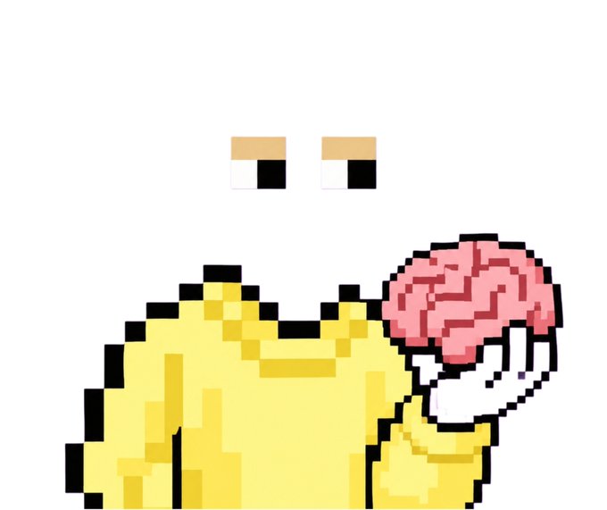 A pixel art figure with a pink brain, wide-set eyes, and a yellow body raises its head in a forward-leaning pose, symbolizing curiosity and progress. The image evokes themes of building and experimenting, complementing the post's message about The Floating Ones' ongoing journey and invitation to share an EVM wallet.