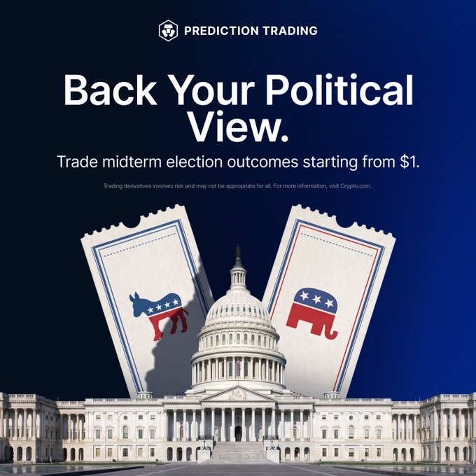 A promotional graphic for 'PREDICTION TRADING' reads 'Back Your Political View. Trade midterm election outcomes starting from $1,' featuring the US Capitol building and tickets displaying Democratic and Republican elephant and donkey logos.