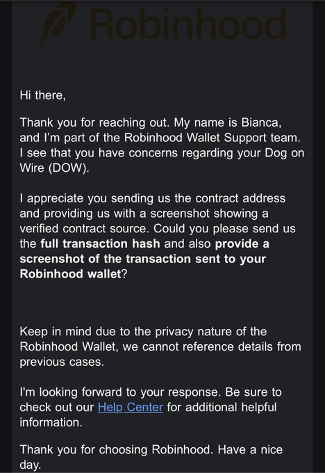 A screenshot of a message from Robinhood Wallet Support representative Bianca regarding a customer's concerns about Dog on Wire ($DOW), asking for the full transaction hash and a screenshot of the transaction for verification. The message relates to the post's discussion of $DOW's market cap fluctuations and recent trading activity.