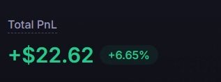 Trading interface showing 'Total PnL' of +$22.62 (+6.65%) displayed in bright green text on a dark background.