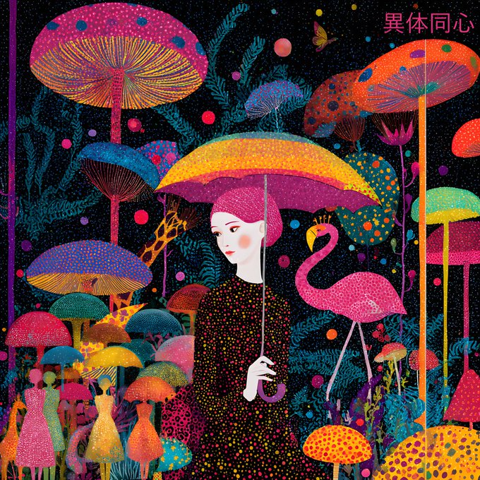 A vibrant illustration of a woman with a pink head wrap holding a colorful umbrella, surrounded by a pink flamingo, giraffe, and giant glowing mushrooms; Chinese text '異体同心' appears in the upper right.