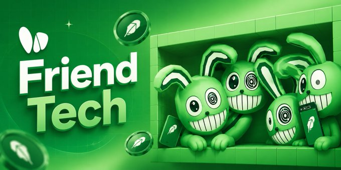 A green-themed promotional graphic for 'Friend Tech' features cartoonish green bunny-like characters with exaggerated smiles, some holding smartphones, alongside a rocket logo.