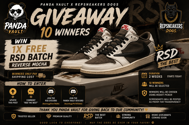 The image is a promotional graphic for a "Panda Vault x Repsneakers Dogs Giveaway" featuring 10 winners who will receive a free pair of RSD Batch Reverse Mocha sneakers (Nike Air Jordan 1 style), with entries requiring an upvote, comment with "RSD THE BEST," joining a Discord, and following the Panda Vault Instagram. The accompanying post highlights the giveaway collaboration between Panda Vault and RSD for these Reverse Mocha sneakers.