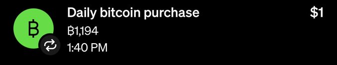 A Cash App notification showing a 'Daily bitcoin purchase' of ฿1,194 ($1) at 1:40 PM, with a green Bitcoin icon on the left.