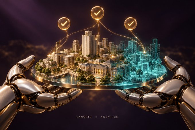 A futuristic AI-generated illustration by 'Vangrid x Agentics' showing robotic hands holding a glowing miniature city with checkmark icons floating above.
