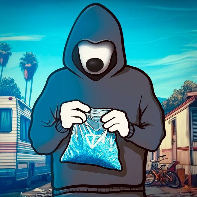 The image features a cartoon character wearing a hoodie, holding a blue bag with white triangles on it. The background shows an outdoor scene with palm trees and a house. There are also two bicycles visible in the image - one near the bottom right corner of the frame and another further to the left side. The post includes text that reads "Use your new bag of $GRAMs to get $REDO from your local Digital Resistance dealer".