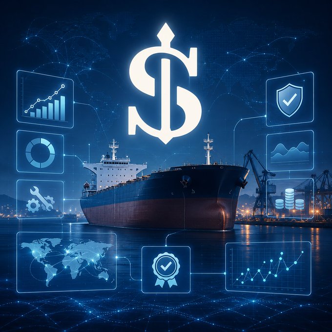 A digital composite graphic showing a large cargo ship at port surrounded by glowing blue tech icons including a dollar sign, charts, a world map, and a shield with a checkmark, suggesting global maritime trade and finance.