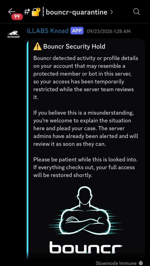Discord message from iLLABS Knoad APP in #bouncr-quarantine channel showing a 'Bouncr Security Hold' notice, stating access has been temporarily restricted due to detected activity resembling a protected member or bot.