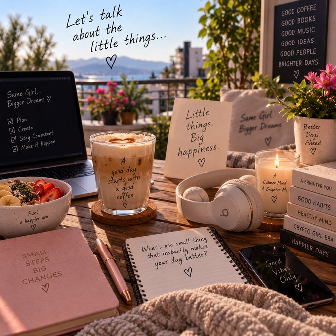A flatlay on a wooden balcony table features an iced latte, a laptop, a notebook, headphones, and candles, accompanied by text like 'Let's talk about the little things...' and 'Little things. Big happiness.'