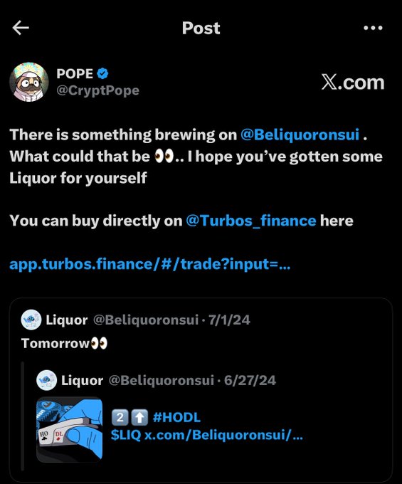 A screenshot of a tweet from POPE (@CryptPope) on X.com discussing @Beliquoronsui and promoting a purchase link at app.turbos.finance with embedded quote tweets from Liquor.