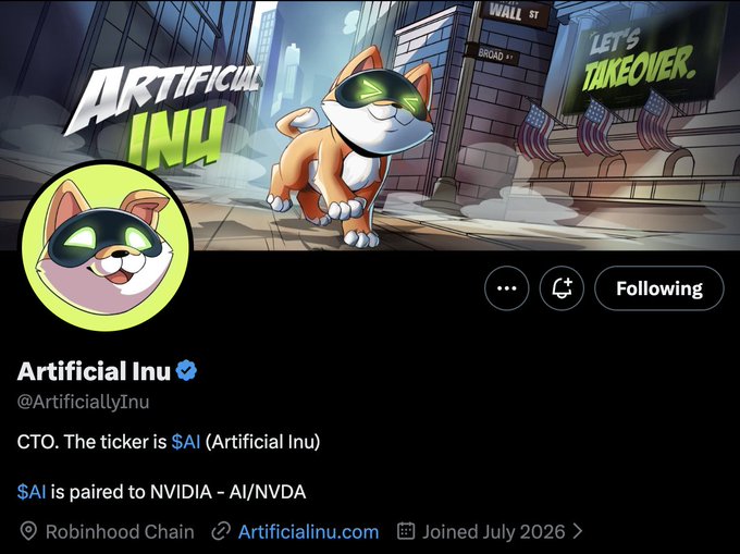 A Twitter/X profile for 'Artificial Inu @ArtificiallyInu' featuring a Shiba Inu dog wearing a green VR headset, with bio stating 'CTO. The ticker is $AI (Artificial Inu)' and '$AI is paired to NVIDIA - AI/NVDA', on Robinhood Chain.