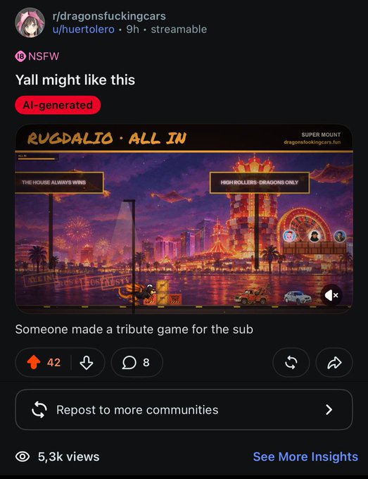 A Reddit post from r/dragonsfuckingcars sharing a tribute game called 'RUGDALIO - ALL IN' with 'THE HOUSE ALWAYS WINS' and 'HIGH ROLLERS- DRAGONS ONLY' signs, marked as AI-generated and NSFW.