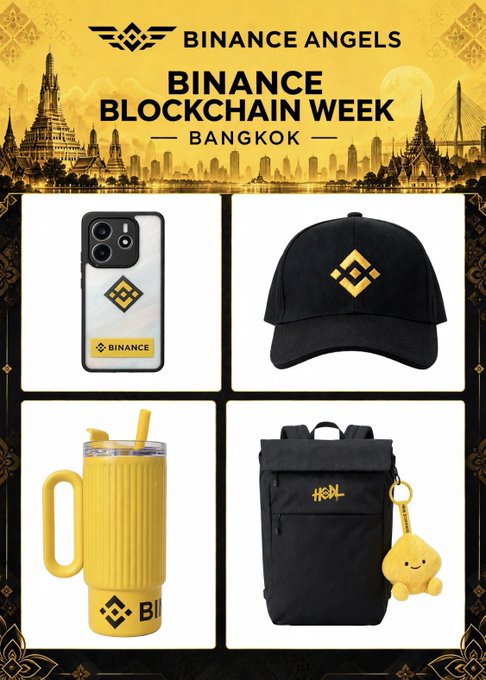 A Binance Angels promotional graphic for “BINANCE BLOCKCHAIN WEEK — BANGKOK,” featuring branded merchandise including a phone case, cap, travel tumbler, and backpack.