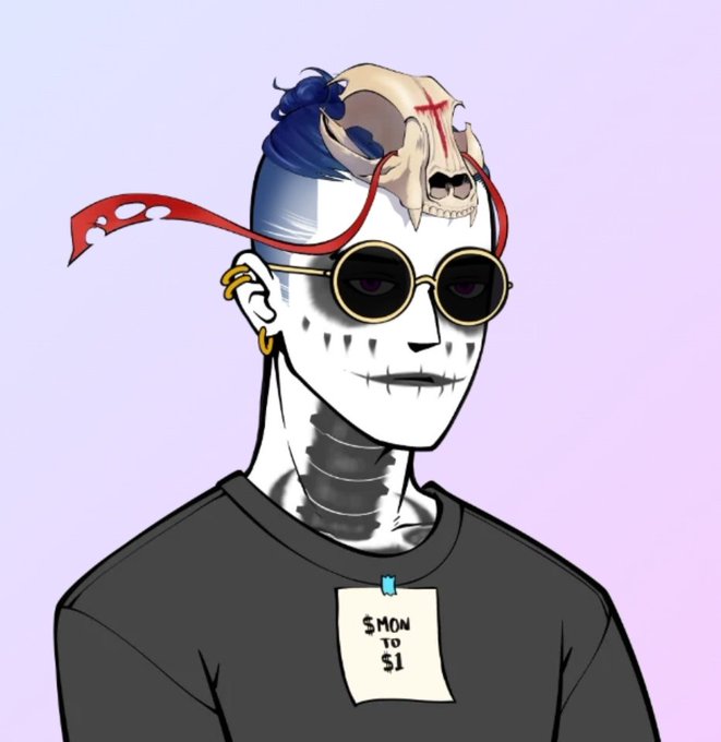A digital illustration of a pale, skeletal character with a skull and blue flame design on their head, wearing round sunglasses and a black shirt with a paper pinned to it reading '$MON TO $1'.