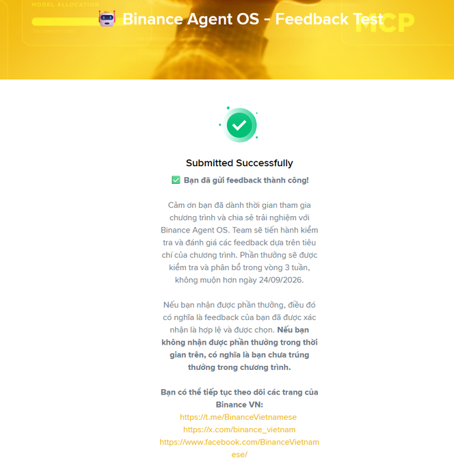 A Binance Agent OS feedback confirmation page showing 'Submitted Successfully' with a checkmark, thanking the user in Vietnamese and noting that rewards won't be distributed later than 24/09/2026.