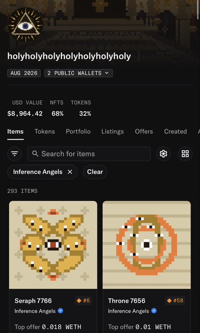 This image shows a crypto wallet named "holyholyholyholyholyholyholy" with a USD value of $8,964.42, containing 68% NFTs and 32% tokens, including items like "Seraph 7766" and "Throne 7656" from "Inference Angels." The post asks users to comment their wallet addresses to send something.