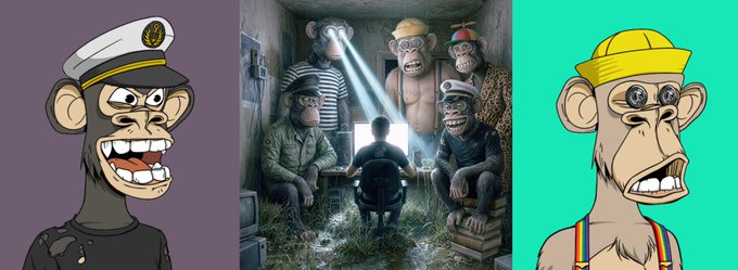 A three-panel image showing cartoon monkey characters, with two animated monkey characters in the outer panels (one in a sailor hat, one in a yellow construction hat) and a central panel depicting realistic chimpanzees and a human in an AI-generated scene.