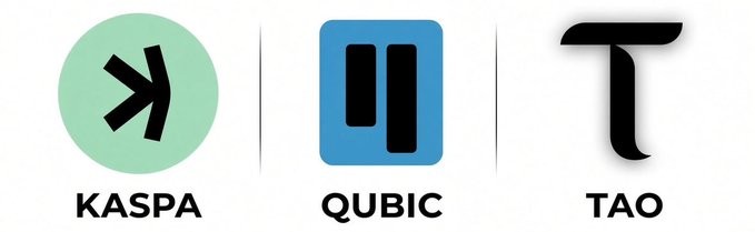 Logos for three cryptocurrencies or projects are displayed: KASPA, QUBIC, and TAO.