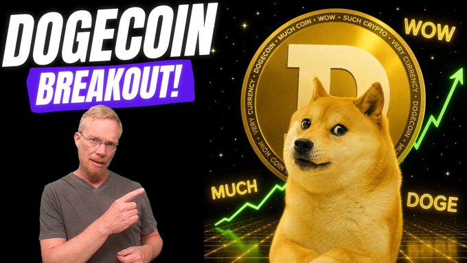 A YouTube thumbnail-style image featuring a man pointing toward a Dogecoin graphic with the text 'DOGECOIN BREAKOUT!' alongside the iconic Shiba Inu dog and rising green price chart against a starry background.