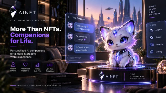 A website mockup for AINFT advertising AI Companions for a more interactive Web3 experience, featuring a glowing, futuristic cat-like character with chat interface features like 'Adaptive', 'Unique', 'Interactive', and 'Evolving'.