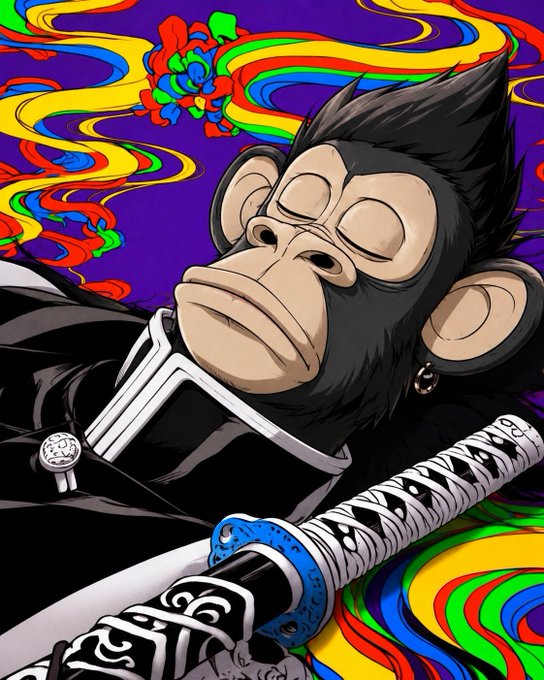 A stylized digital illustration of a monkey character with closed eyes wearing a black outfit and an earring, holding a sword, set against a psychedelic swirling rainbow background.