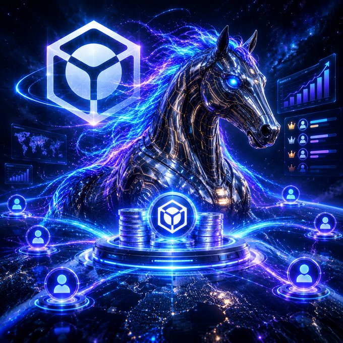 A futuristic digital artwork featuring a metallic horse with glowing blue eyes and mane, surrounded by crypto coin icons, user profile symbols, and data charts in a space-like setting.