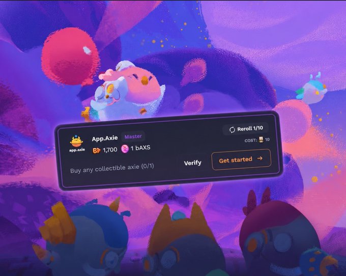 This image showcases a collectible Axie quest on the App.Axie platform, offering a chance to acquire a collectible axie for 1 bAXS. The quest card displays "App.Axie Master" and prompts players to "Buy any collectible axie (0/1)".