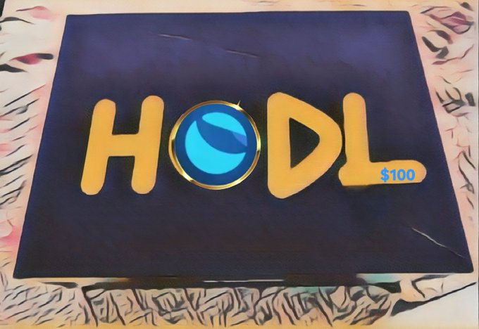 A dark blue poster or sign with the word 'HODL' in large yellow letters, with the 'O' stylized as a blue circular emblem and a '$100' price tag in the corner.