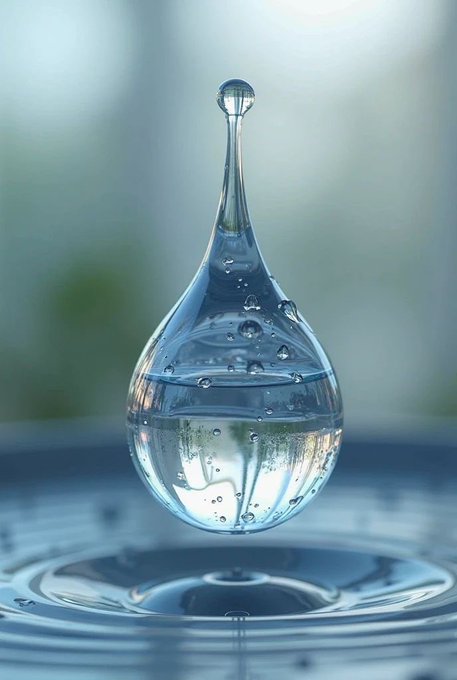 A high-speed photograph captures a clear water droplet shaped like a teardrop, suspended mid-air above a water surface with ripples spreading outward.
